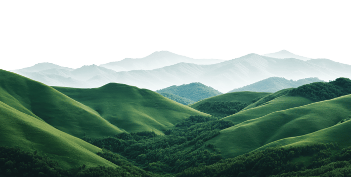 Lush green rolling hills stretching toward misty mountain ranges png