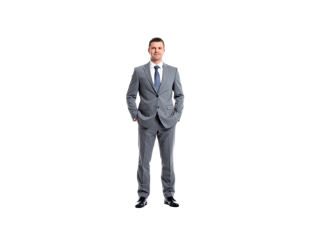 Confident Businessman in Gray Suit with Hands in Pockets. png