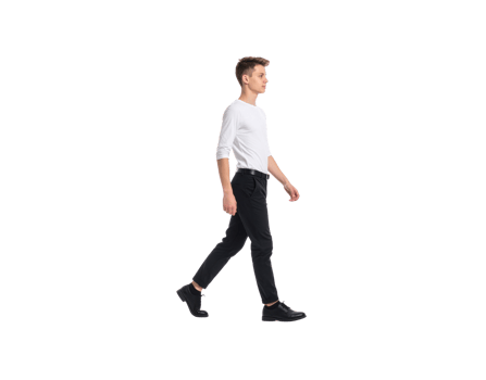 Young Man Walking in White Shirt and Black Pants Side View. png
