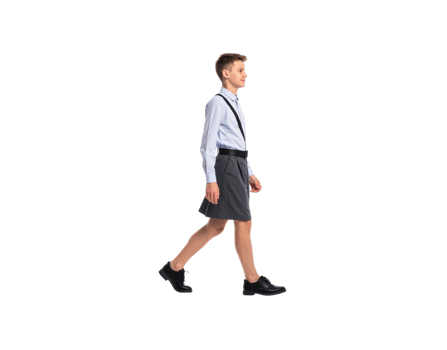 Teenager in School Uniform Walking in Profile Light Blue Shirt and Grey Skirt. png