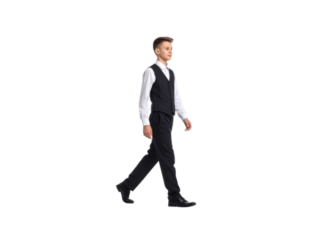 Young Man Walking in Formal Attire Black Vest and Dress Shoes. png