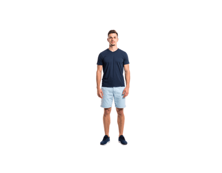 Standing Man in Casual Outfit Navy Tee Light Blue Shorts Sneakers. png