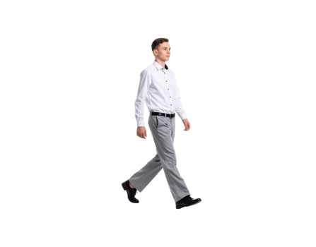 Young Man Walking in Formal Attire White Shirt and Gray Pants. png
