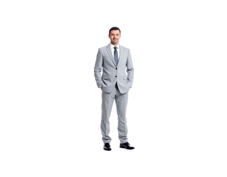 Confident Businessman in Light Gray Suit with Hands in Pockets. png