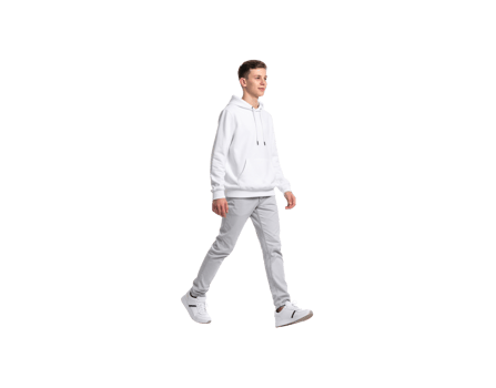 Young Man Walking in White Hoodie and Gray Pants Side View. png