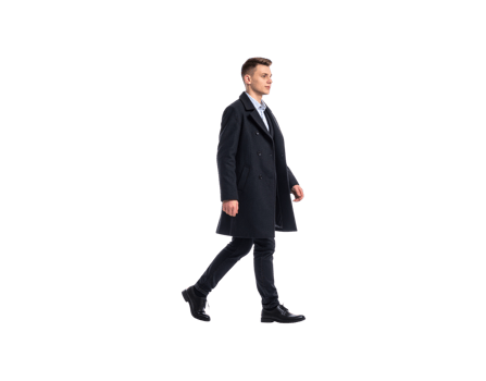 Man in dark coat walking wearing jeans and leather shoes side view. png