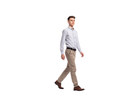 Young Man Walking in Light Blue Shirt and Khaki Pants. png
