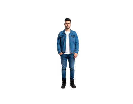 Man in Denim Jacket and Jeans Standing with Hand in Pocket. png