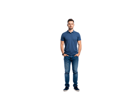 Full Shot of Man in Blue Polo Shirt and Jeans with Hands in Pockets. png