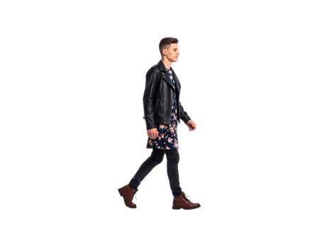 Young Man Walking in Leather Jacket and Floral Shirt Dress. png