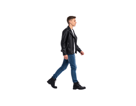 Young Man Walking in Leather Jacket Jeans and Boots. png