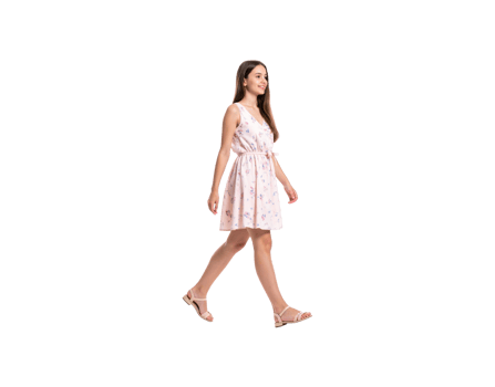 Young Woman Walking in Floral Dress and Sandals Side View. png