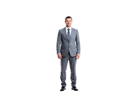 Confident Man in Gray Suit with Blue Tie Standing Straight. png