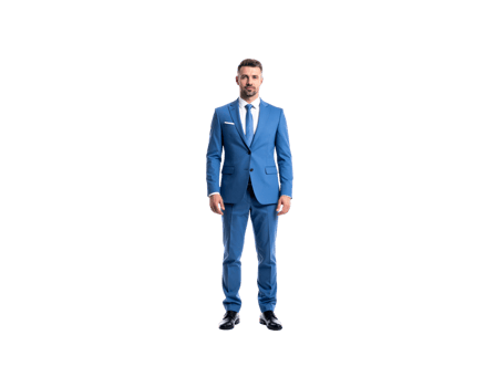 Confident Man in Blue Suit Standing Tall Formal Attire. png