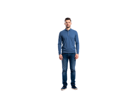 Fulllength portrait of a man in blue sweater and jeans standing straight. png