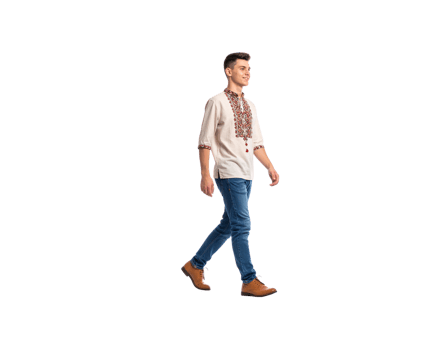 Young Man Walking in Embroidered Shirt and Jeans. png