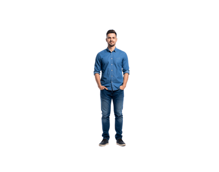 Smiling Man in Denim Outfit with Hands in Pockets Full Shot. png