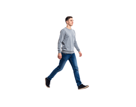 Young Man Walking in Gray Sweater and Jeans on Black Background. png