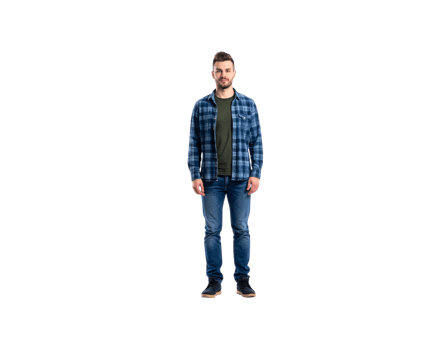 Fulllength portrait of a man in a blue plaid shirt and jeans. png