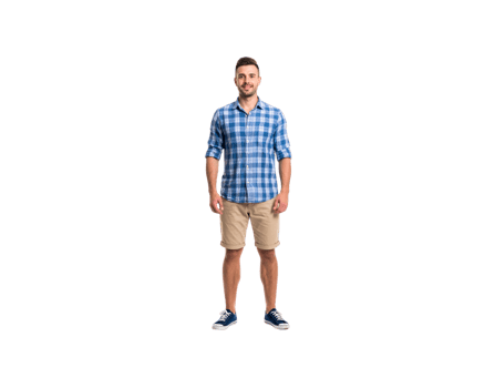 Smiling Man in Blue Plaid Shirt and Khaki Shorts Standing Tall. png