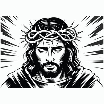 Jesus Christ with Crown of Thorns in Black and White, Powerful Religious Artwork vector