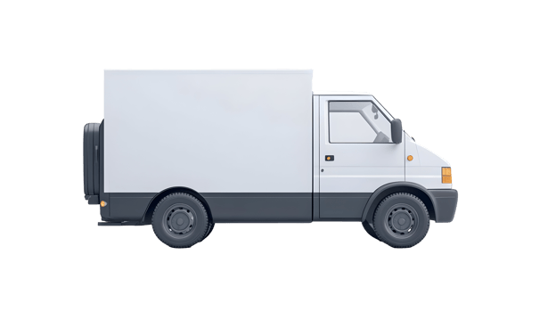 Side view of a white delivery truck isolated on transparent background. png