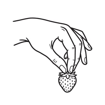 Hand delicately holding a fresh ripe strawberry in simple minimalist black and white design vector