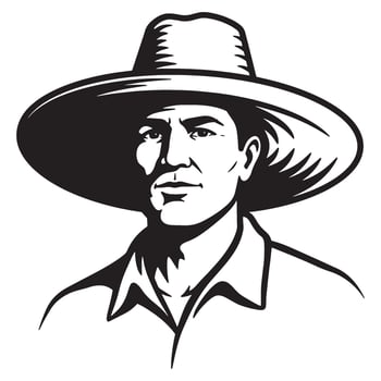Black and white illustration of a man wearing a wide brimmed cowboy hat vector