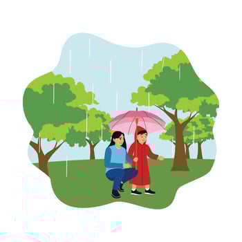 Mother and daughter walking in the rain under an umbrella. vector