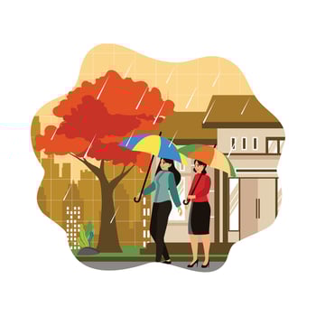 Girls friends walking together on rainy day. vector