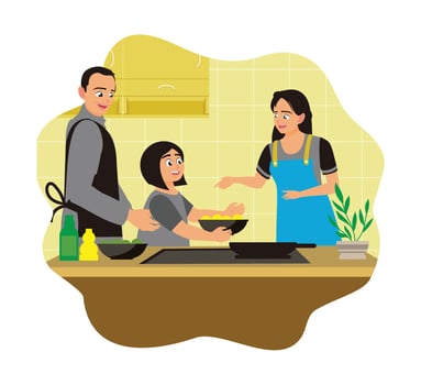 Happy family cooking together in home kitchen with modern equipment. vector