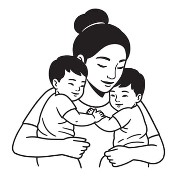 Mother embracing her twin babies a heartwarming black and white illustration vector