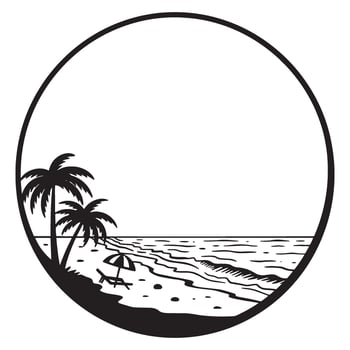 Black and white beach scene enclosed in a circle with palm trees and ocean waves vector