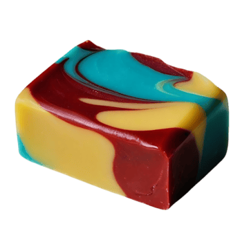 Colorful swirled bar of soap with red, yellow, and teal. png