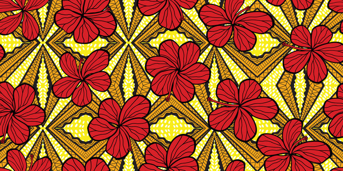 African red hibiscus flower ethnic traditional pattern. seamless beautiful Kitenge, chitenge, Ankara style. fashion design. Geometric floral motif. Red Floral Ankara prints, African wax prints vector