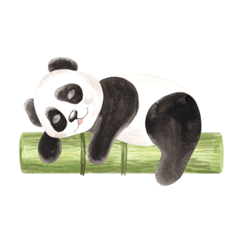 Cute baby panda sleeping on green log watercolor illustration for kids designs. Hand drawn isolated funny chinese black and white bear. Adorable character for in scketch style for childrens themes. png