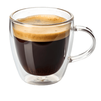 Freshly Brewed Espresso in Clear Double Walled Glass Mug, Morning Coffee, Intense Aroma, Dark Roast, Simple Background Transparent Background png