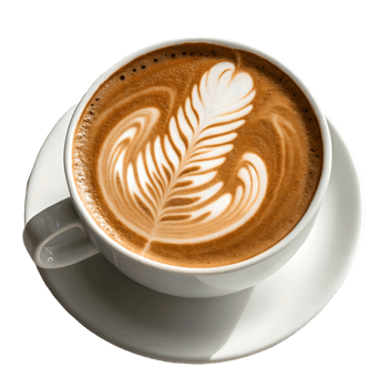 Latte Art Delight Top-View Close-Up of a White Coffee Cup with Intricate Foam Design on a Saucer, Highlighting Coffee Culture Transparent Background png