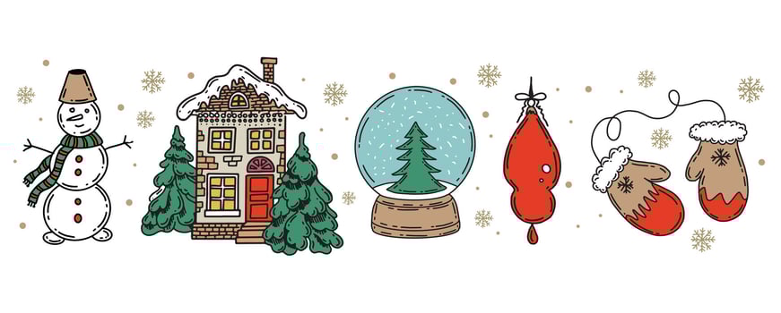 Snowman, house, and winter decorations illustration vector