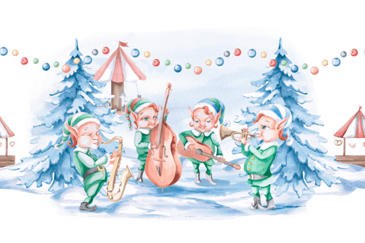 Seamless border with elf musicians on the Christmas fairground. Isolated watercolor illustration for design of concert tickets, interior, invitations, posters, greetings. png