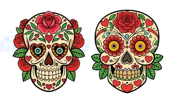 Colorful Sugar Skull Collection with Intricate Day of the Dead Mexican Folk Art Inspired Decorative Designs vector