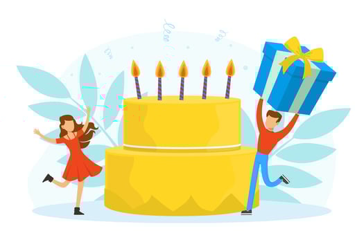 Male and Female Celebrating Birthday with Wrapped Gift Box and Big Cake with Candles Illustration vector