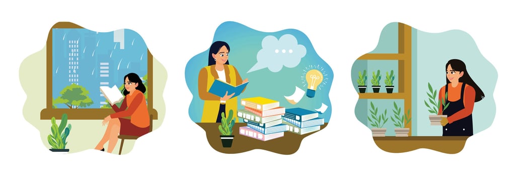 Women spend their free time reading books and taking care of plants at home. vector