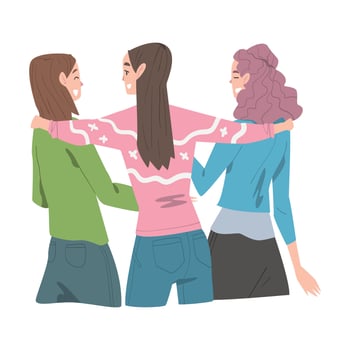 Two Girls Hugging, Back View, Joy Meeting of Friends, Female Friendship Concept Cartoon Style Illustration vector