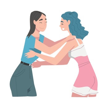 Two Girls Hugging, Joy Meeting of Friends, Female Friendship Concept Cartoon Style Illustration vector