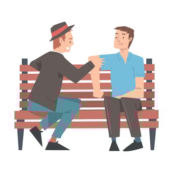 Two Men Sitting on Bench in Park, Summer Outdoor Activities Cartoon Style Illustration vector