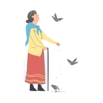 Senior Woman Feeding Birds in Park, Old Lady Daily Activity Cartoon Style Illustration vector