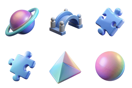 Planet bridge puzzle pyramid sphere icon set isolated on a transparent background purple blue png