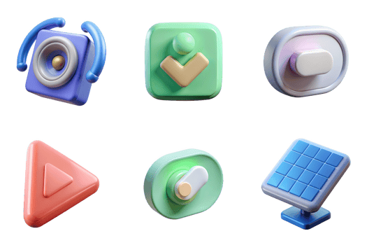 Blue speaker with gold center and curved handles green square with peach chevron and ball light purple circle with white toggle green oval with white and... isolated on a transparent background png
