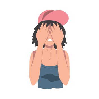 Embarrassed Teenage Girl Covering her Face with Hands, Regretful Person with Clasped Hands Cartoon Style Illustration vector